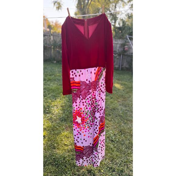 Vintage 1960s Velvet & Psychedelic Print Maxi Dress Burgundy Mod Evening Gown - Picture 2 of 8